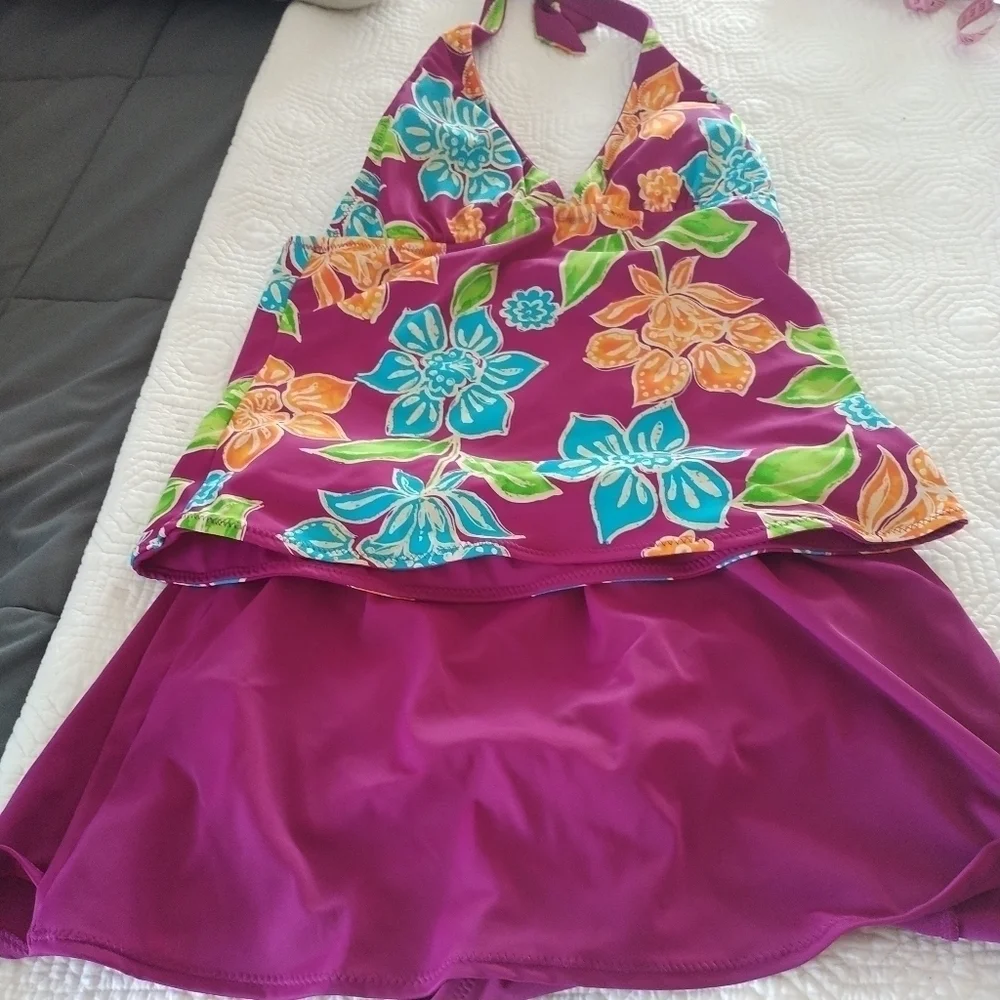 Chadwick's Floral Two Piece Tankini Skirted Bathing Suit 8 - Picture 4 of 12